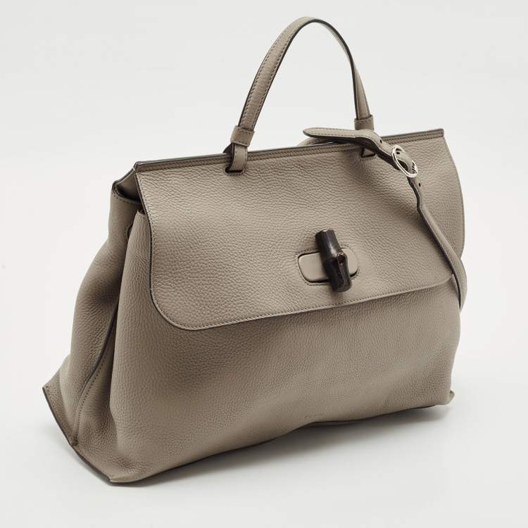 Pre Owned Gucci Grey Leather Large Bamboo Daily Top Handle Bag