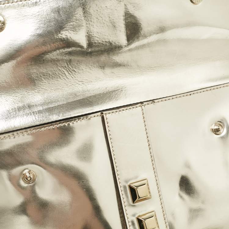 Pre Owned Gucci Gold Patent Leather Studded Wristlet Zip Clutch