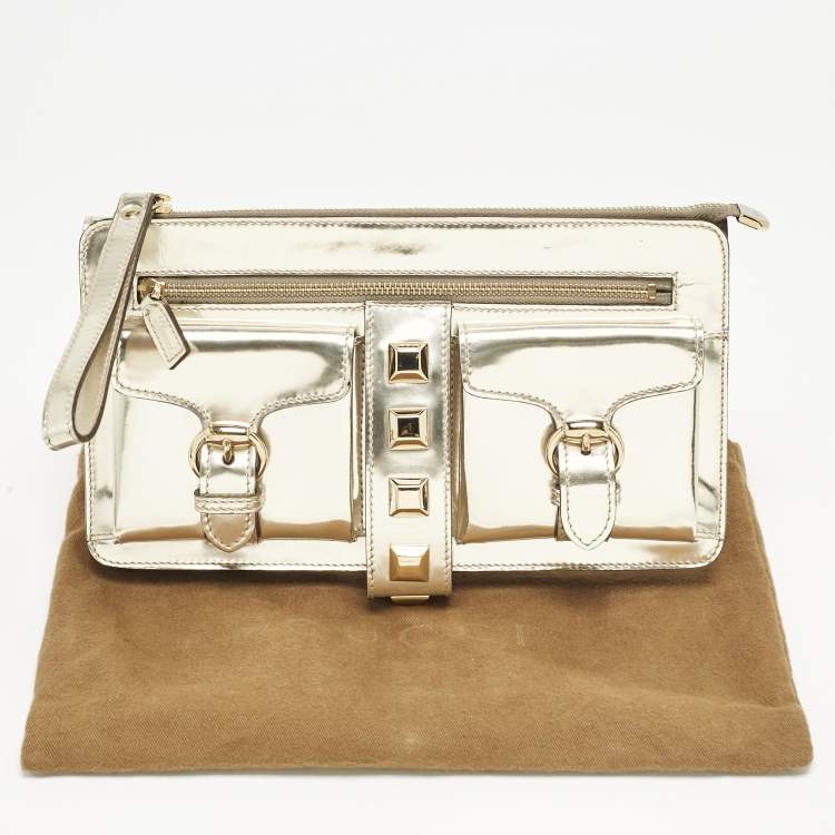 Pre Owned Gucci Gold Patent Leather Studded Wristlet Zip Clutch