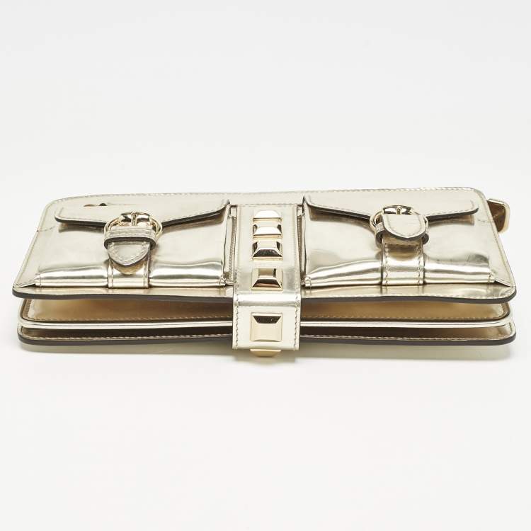 Pre Owned Gucci Gold Patent Leather Studded Wristlet Zip Clutch