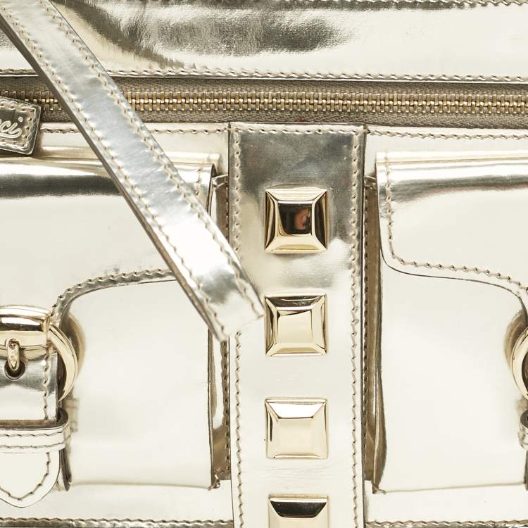 Pre Owned Gucci Gold Patent Leather Studded Wristlet Zip Clutch