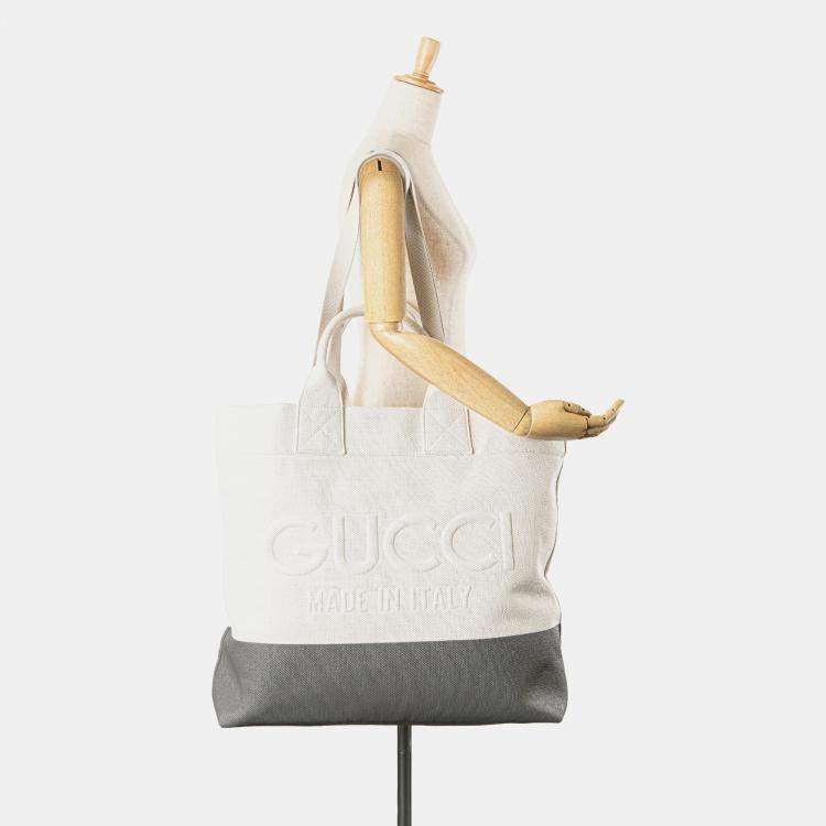 Pre Owned Gucci Grey/White Canvas Embossed Logo Tote