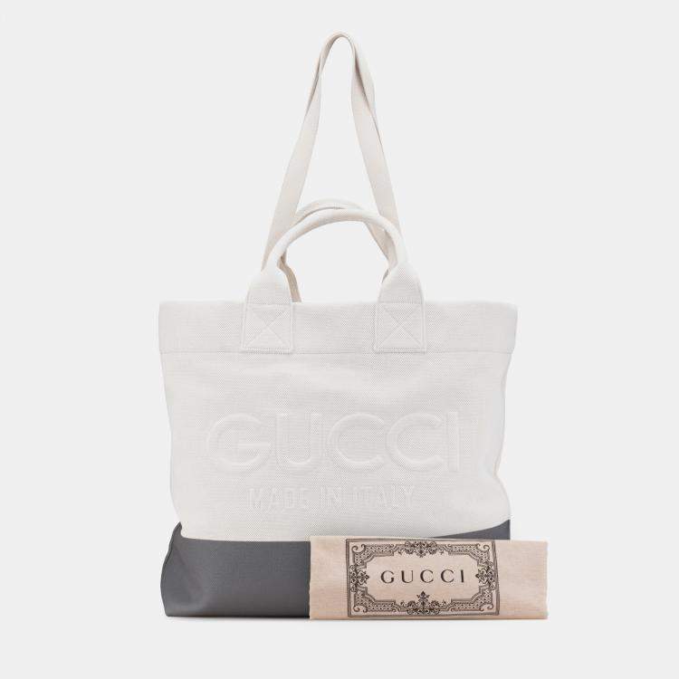 Pre Owned Gucci Grey/White Canvas Embossed Logo Tote