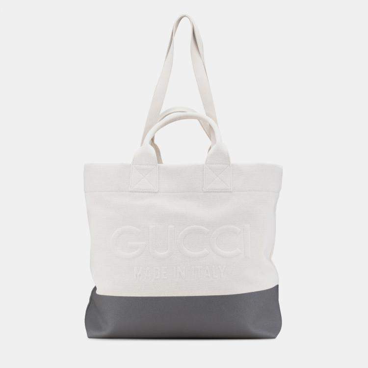 Pre Owned Gucci Grey/White Canvas Embossed Logo Tote