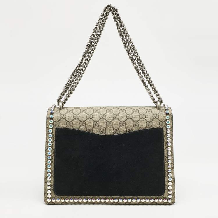 Pre Owned Gucci Black/Beige GG Supreme Canvas and Suede Medium Dionysus Shoulder Bag