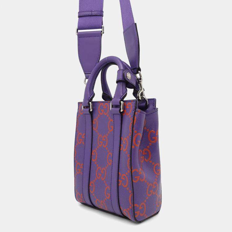Pre Owned Gucci Purple/Orange Leather GG Embossed Handbag 