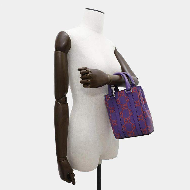 Pre Owned Gucci Purple/Orange Leather GG Embossed Handbag 