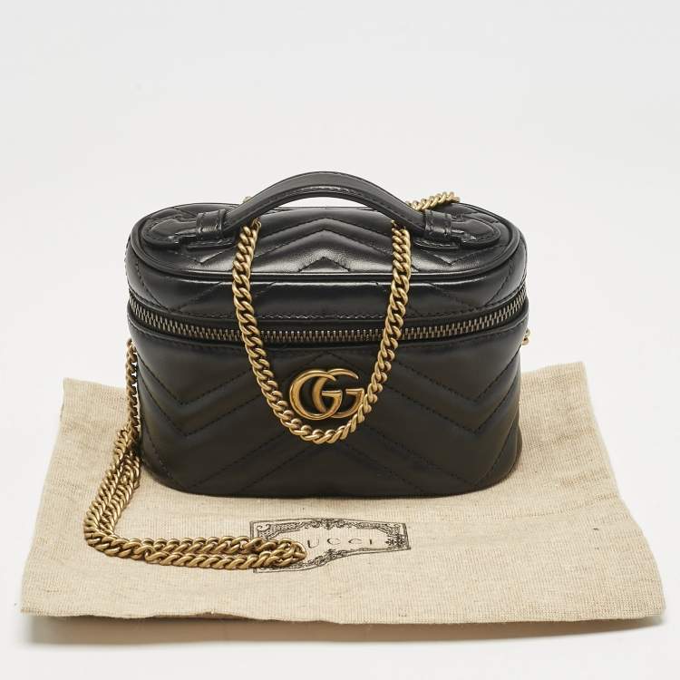 Pre Owned Gucci Black Matelasse Leather Mini GG Marmont Top Handle Bag