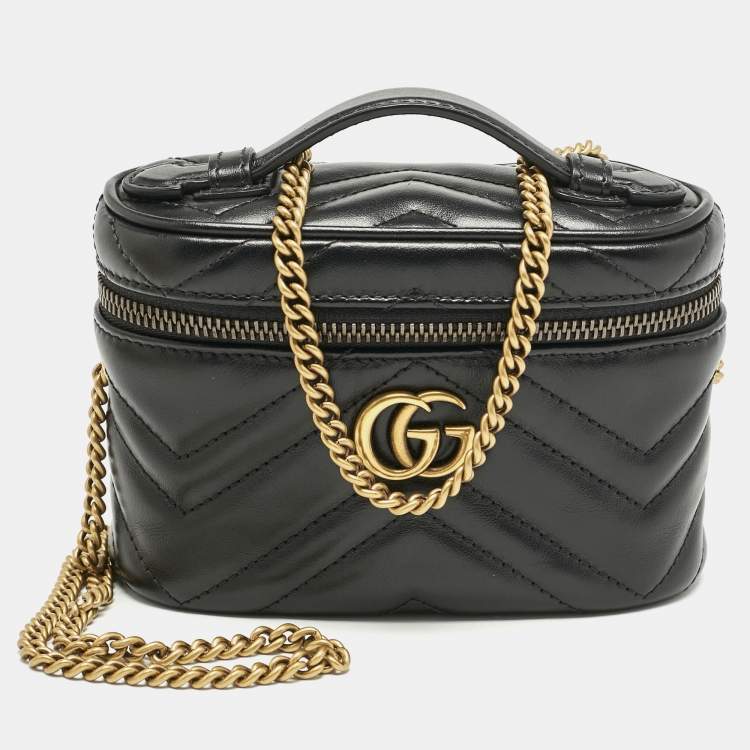 Pre Owned Gucci Black Matelasse Leather Mini GG Marmont Top Handle Bag
