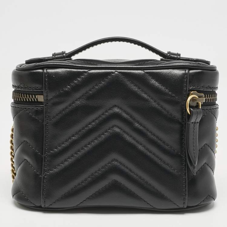Pre Owned Gucci Black Matelasse Leather Mini GG Marmont Top Handle Bag