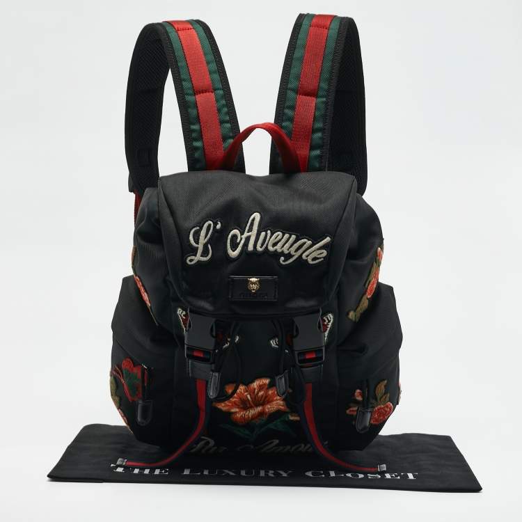 Pre Owned Gucci Black Nylon Web L'Aveugle Par Amour Embroidered Backpack