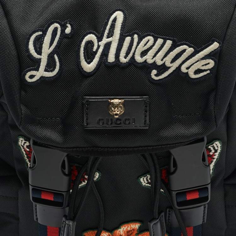 Pre Owned Gucci Black Nylon Web L'Aveugle Par Amour Embroidered Backpack