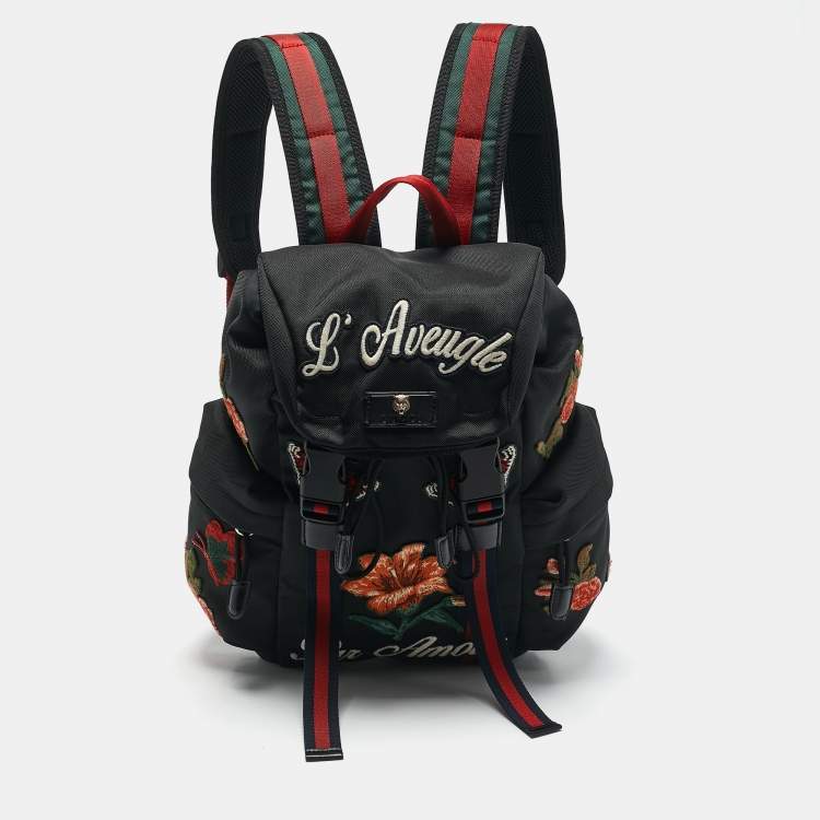Pre Owned Gucci Black Nylon Web L'Aveugle Par Amour Embroidered Backpack