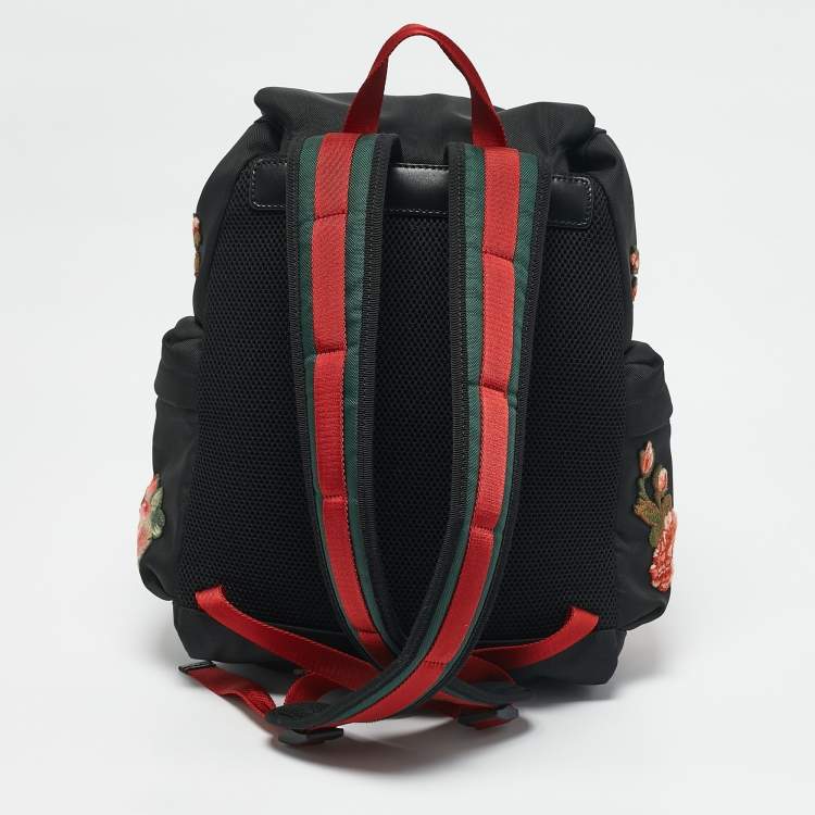 Pre Owned Gucci Black Nylon Web L'Aveugle Par Amour Embroidered Backpack