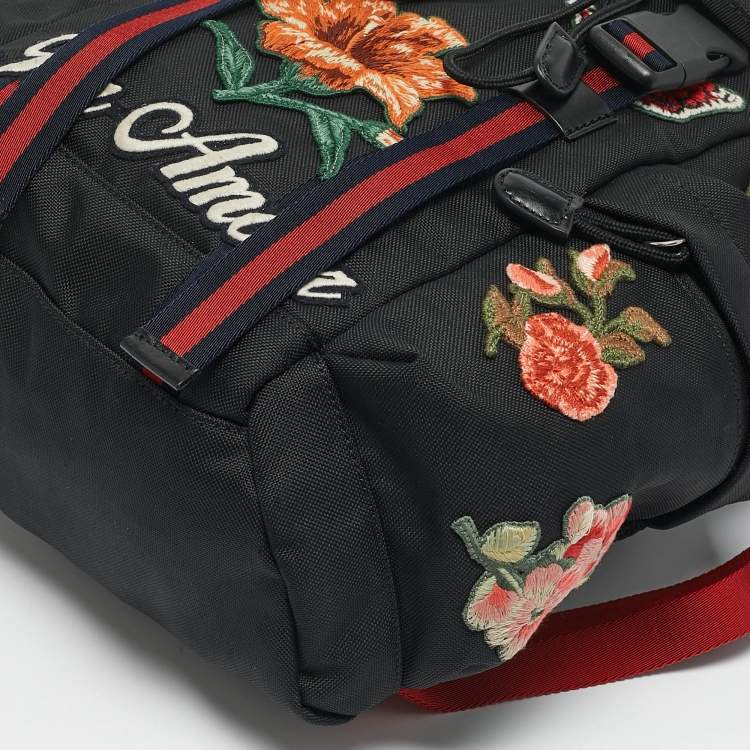 Pre Owned Gucci Black Nylon Web L'Aveugle Par Amour Embroidered Backpack