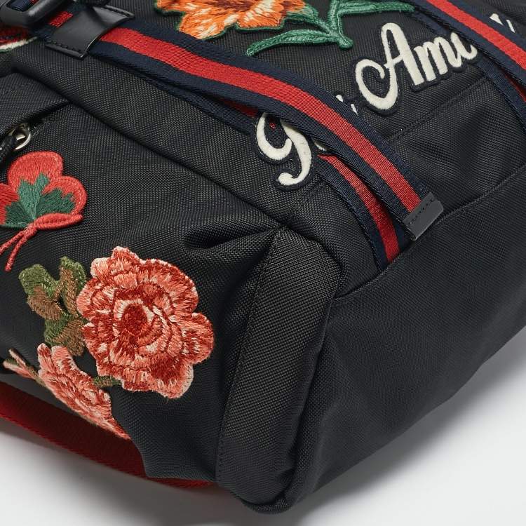 Pre Owned Gucci Black Nylon Web L'Aveugle Par Amour Embroidered Backpack