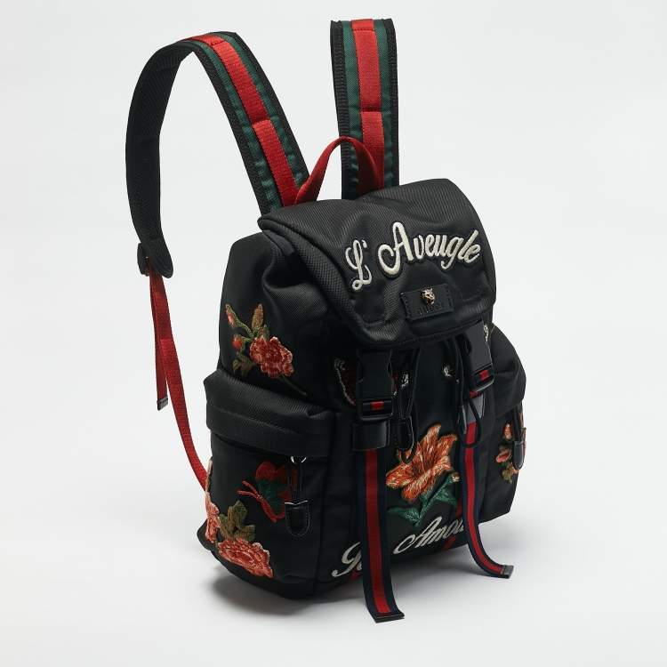 Pre Owned Gucci Black Nylon Web L'Aveugle Par Amour Embroidered Backpack