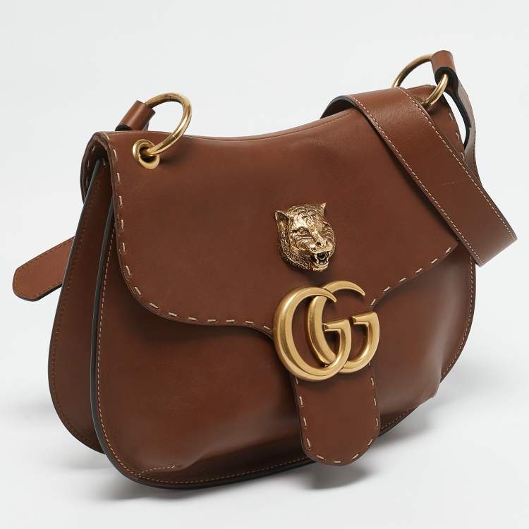Pre Owned Gucci Brown Leather GG Marmont Animalier Flap Shoulder Bag