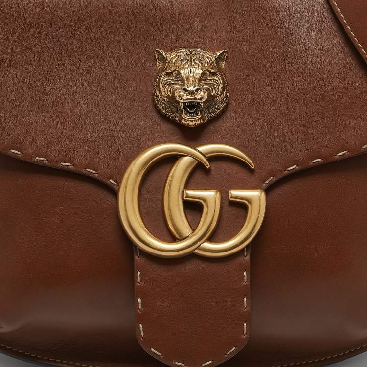 Pre Owned Gucci Brown Leather GG Marmont Animalier Flap Shoulder Bag