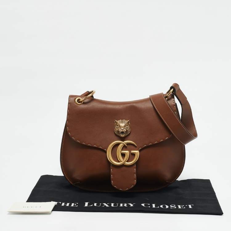 Pre Owned Gucci Brown Leather GG Marmont Animalier Flap Shoulder Bag