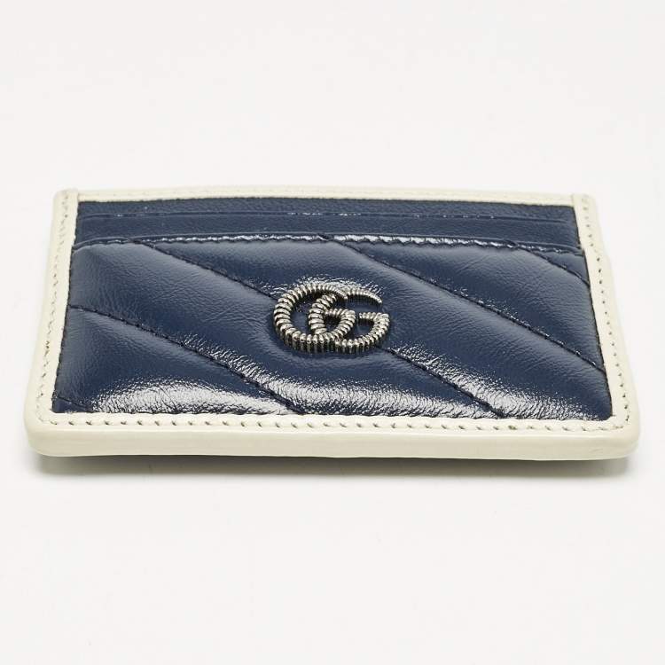 Pre Owned Gucci Blue/White Diagonal Quilt Leather GG Torchon Marmont Card Holder