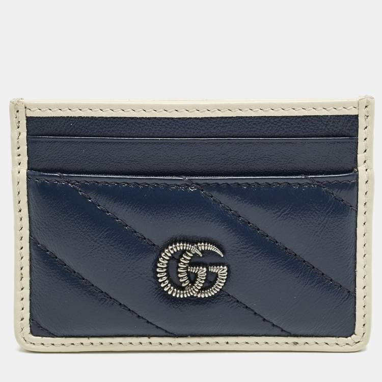 Pre Owned Gucci Blue/White Diagonal Quilt Leather GG Torchon Marmont Card Holder