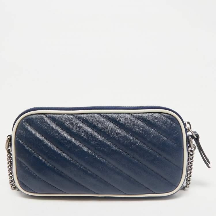Pre Owned Gucci Blue Diagonal Quilt Leather Mini GG Marmont Torchon Crossbody Bag