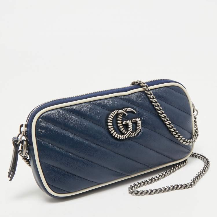 Pre Owned Gucci Blue Diagonal Quilt Leather Mini GG Marmont Torchon Crossbody Bag
