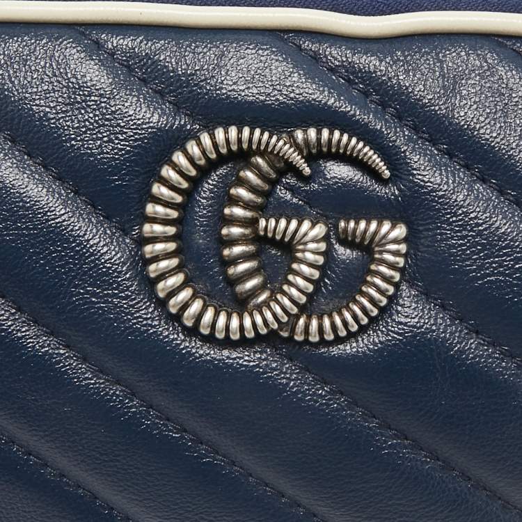 Pre Owned Gucci Blue Diagonal Quilt Leather Mini GG Marmont Torchon Crossbody Bag