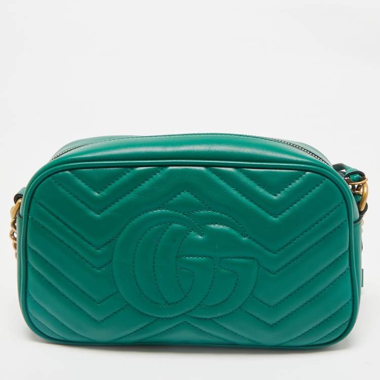 Pre Owned Gucci Green Matelassé Leather Small GG Marmont Camera Bag