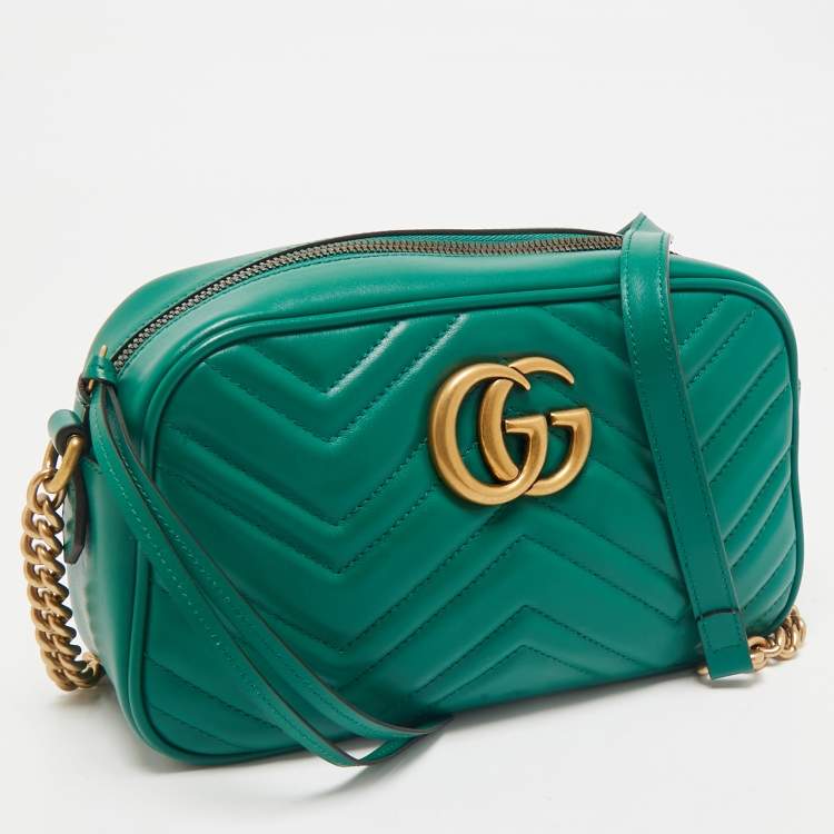 Pre Owned Gucci Green Matelassé Leather Small GG Marmont Camera Bag