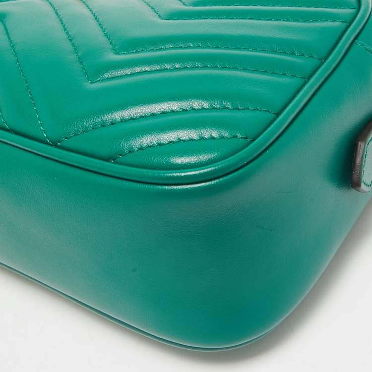 Pre Owned Gucci Green Matelassé Leather Small GG Marmont Camera Bag