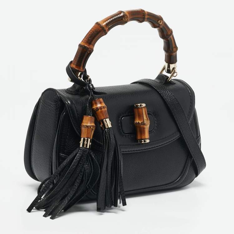 Pre Owned Gucci Black Leather Medium Tassel New Bamboo Top Handle Bag