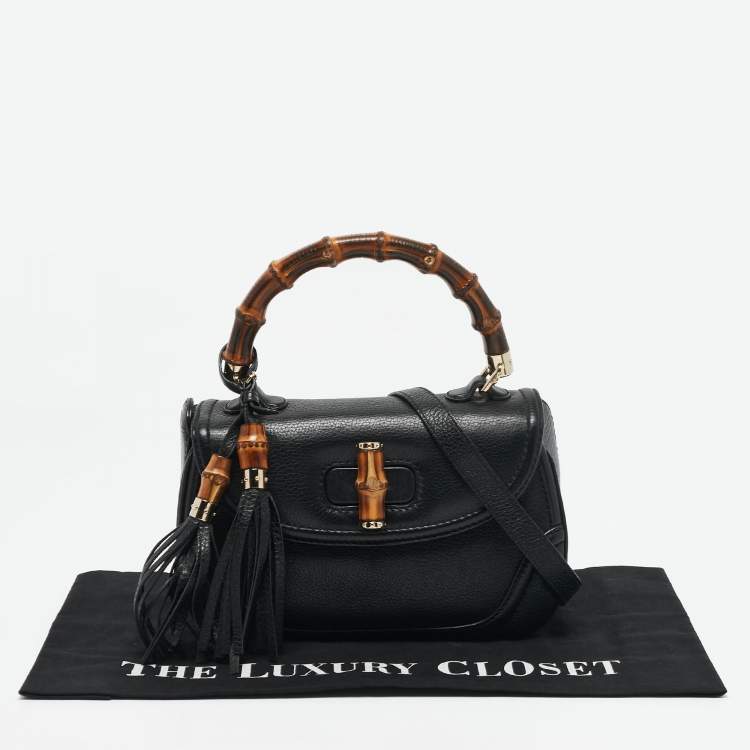 Pre Owned Gucci Black Leather Medium Tassel New Bamboo Top Handle Bag