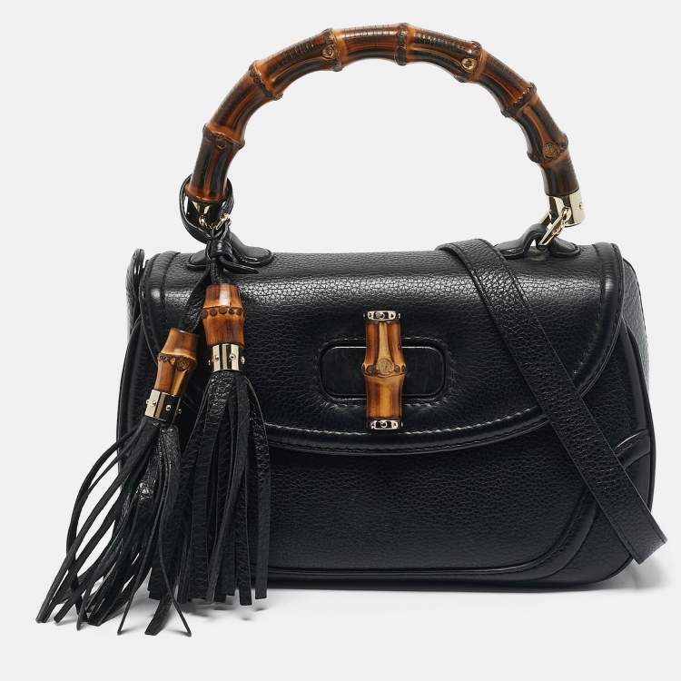 Pre Owned Gucci Black Leather Medium Tassel New Bamboo Top Handle Bag