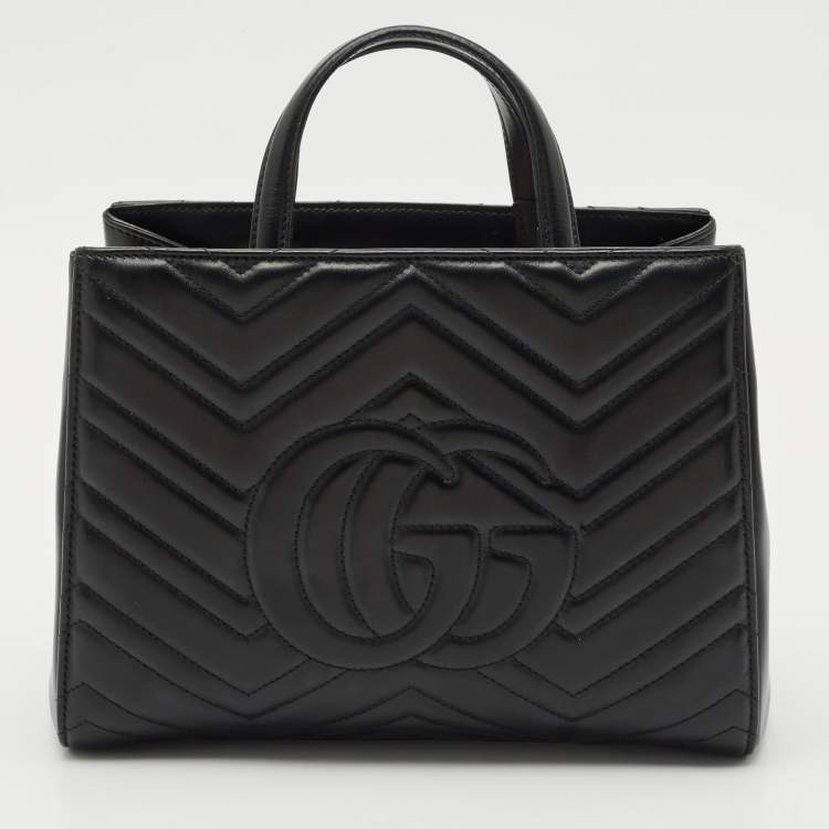 Pre Owned Gucci Black Matelasse Leather Small GG Marmont Tote