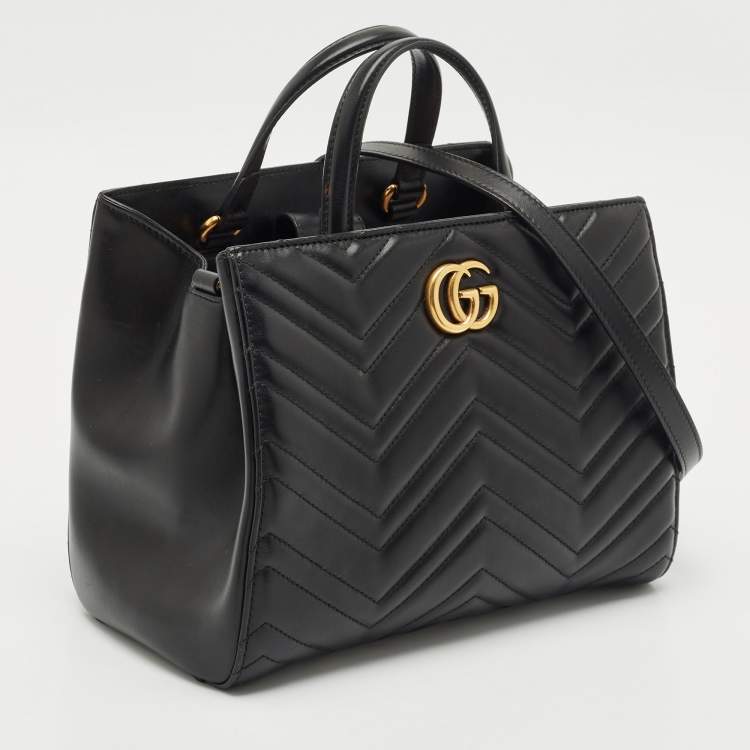 Pre Owned Gucci Black Matelasse Leather Small GG Marmont Tote