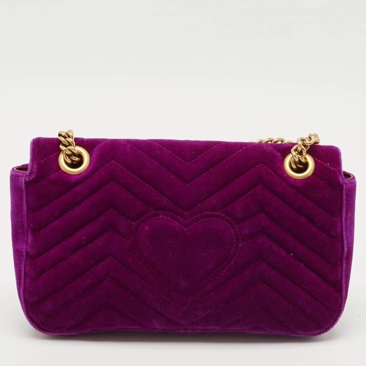 Pre Owned Gucci Purple Matelasse Velvet Small GG Marmont Shoulder Bag