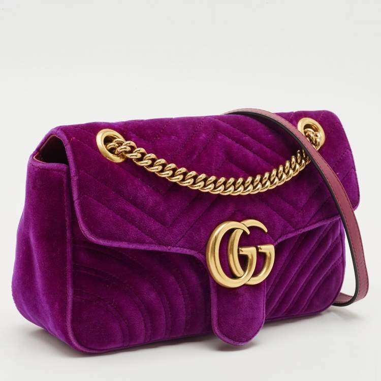 Pre Owned Gucci Purple Matelasse Velvet Small GG Marmont Shoulder Bag