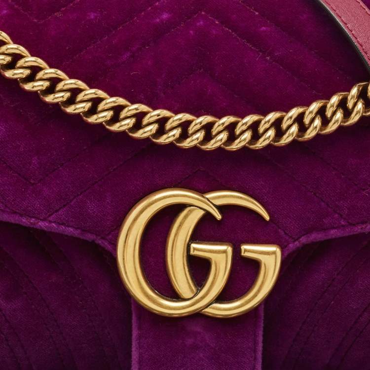 Pre Owned Gucci Purple Matelasse Velvet Small GG Marmont Shoulder Bag