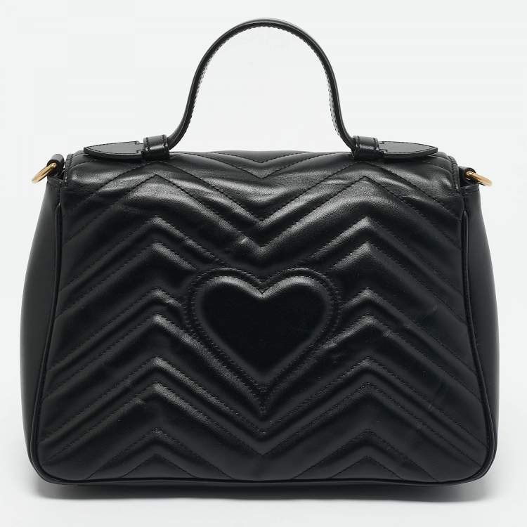 Pre Owned Gucci Black Matelasse Leather Medium GG Marmont Top Handle Bag