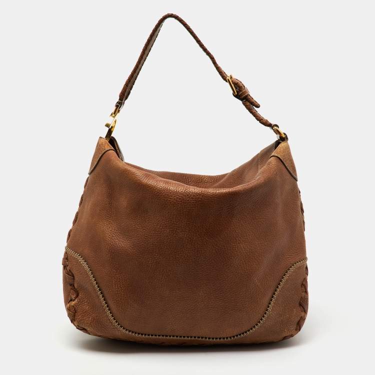 Pre Owned Gucci Brown Grained Leather Charlotte Whipstitch Hobo