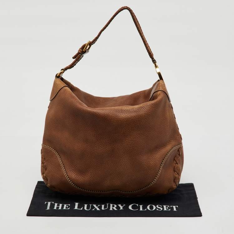 Pre Owned Gucci Brown Grained Leather Charlotte Whipstitch Hobo