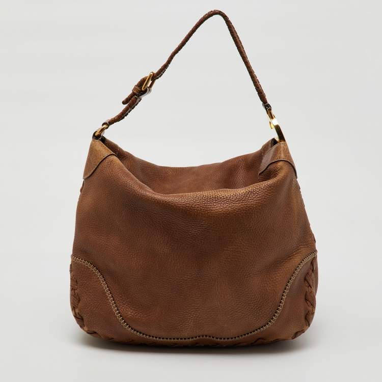 Pre Owned Gucci Brown Grained Leather Charlotte Whipstitch Hobo