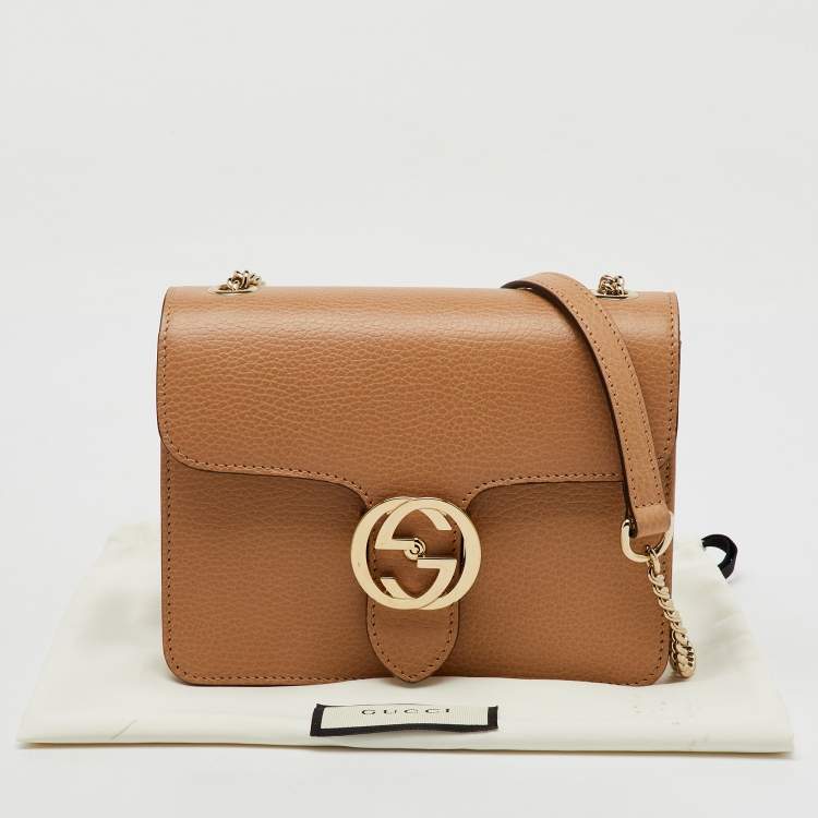 Pre Owned Gucci Beige Leather Dollar Interlocking G Flap Crossbody Bag