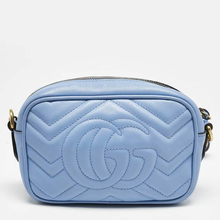 Pre Owned Gucci Blue Matelassé Leather Mini GG Marmont Camera Bag