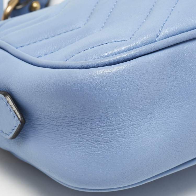 Pre Owned Gucci Blue Matelassé Leather Mini GG Marmont Camera Bag