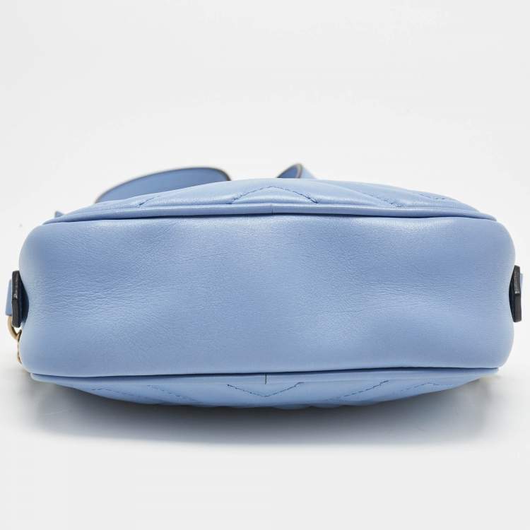 Pre Owned Gucci Blue Matelassé Leather Mini GG Marmont Camera Bag