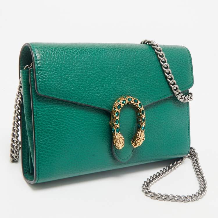Pre Owned Gucci Green Leather Dionysus Wallet on Chain