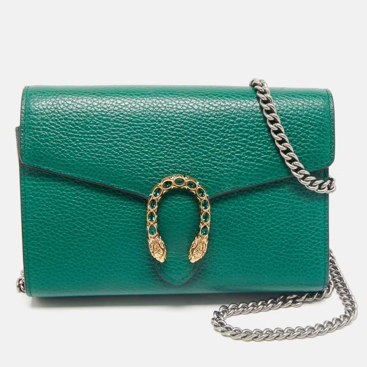 Pre Owned Gucci Green Leather Dionysus Wallet on Chain